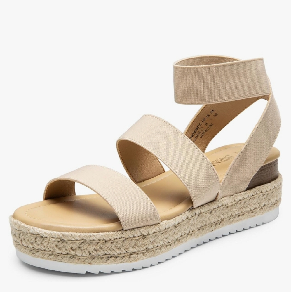DREAM PAIRS Strappy Espadrille Platform Wedge Sandals - Ivory - Size 8